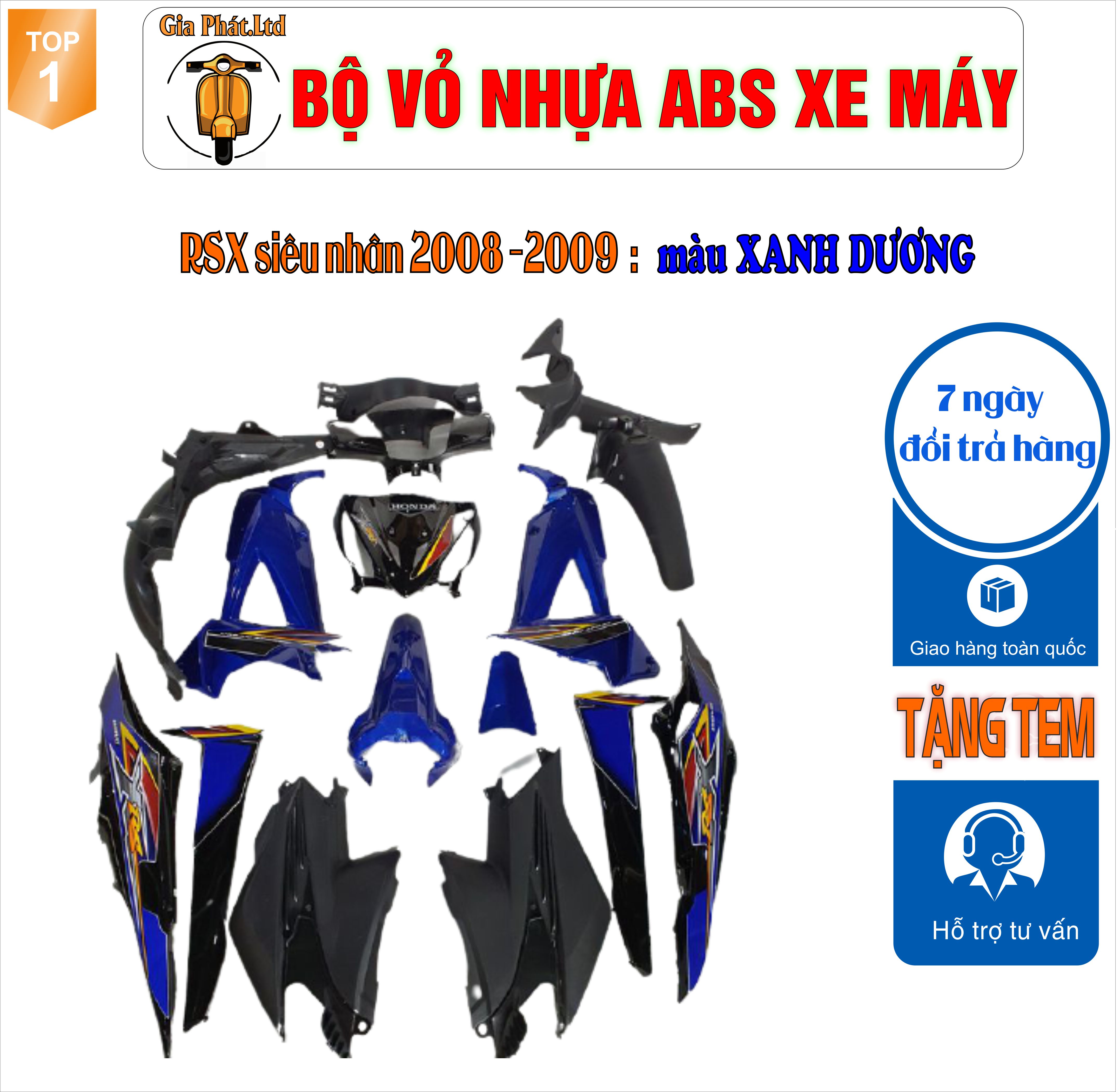 Bộ vỏ nhựa dàn áo màu XANH DƯƠNG gắn xe wave RSX SIÊU NHÂN -RSX 100 đời 2008 đến 2009 - nhựa cao cấp loại 1