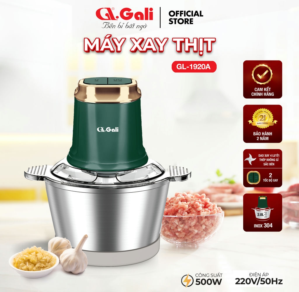 Máy xay thịt Gali GL-1920A Dung tích 2 Lít, Motor 100% bằng đồng, có 2 tốc độ xay. Hàng chính hãng chất lượng cao, bảo hành 24 tháng