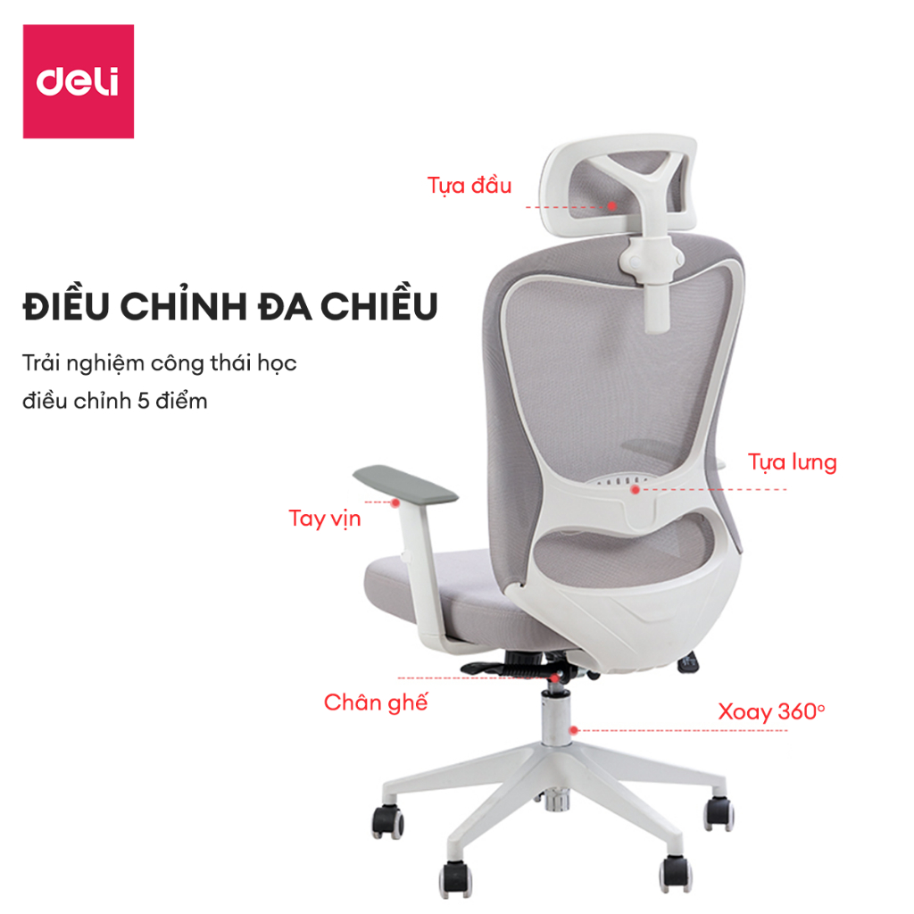 Ghế Xoay Văn Phòng Công Thái Học Cao Cấp Có Khóa Ngả Lưng 135 Độ Gối Tựa Đầu 3D Tựa Tay Điều Chỉnh Deli - Hỗ Trợ Đốt Sống Cổ Tối Ưu Tư Thế Ngồi - Bảo Hành 3 Năm - Ghế Làm Việc Tại Nhà, Văn Phòng