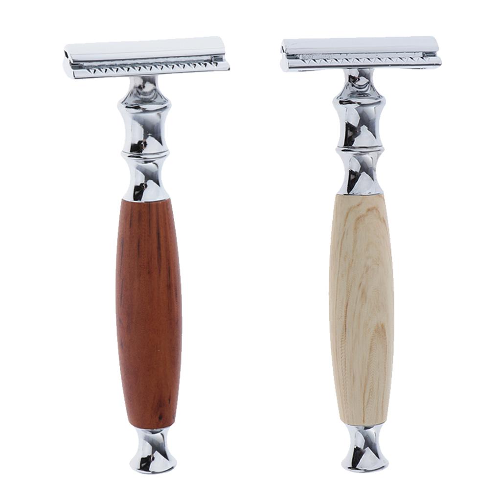2 Pcs Wood Handle Double Edge Safety Shaving Moustache Grooming Tool