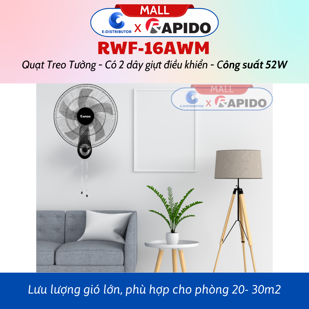 Quạt Treo Tường RWF-16AWM - Có 2 Dây Giựt Điều Khiển - Công Suất 52W - Hàng Chính Hãng - Bảo Hành 12 Tháng