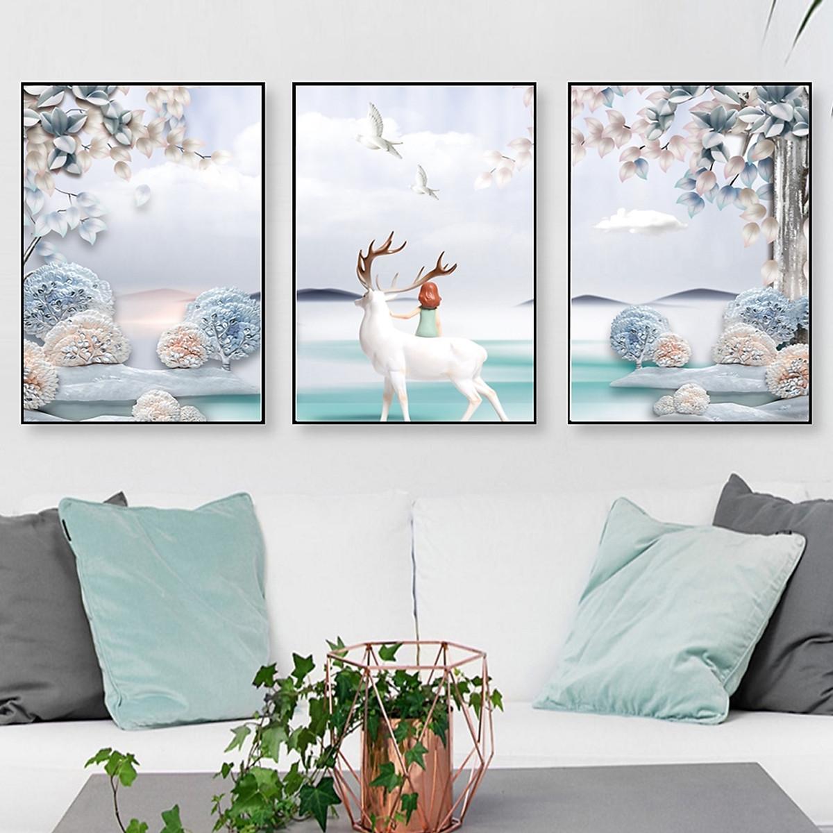 Tranh Pha Lê Tráng Gương Treo Tường Hiện Đại _ Tranh Bộ 3 Hươu Và Phong Cảnh Mùa Đông