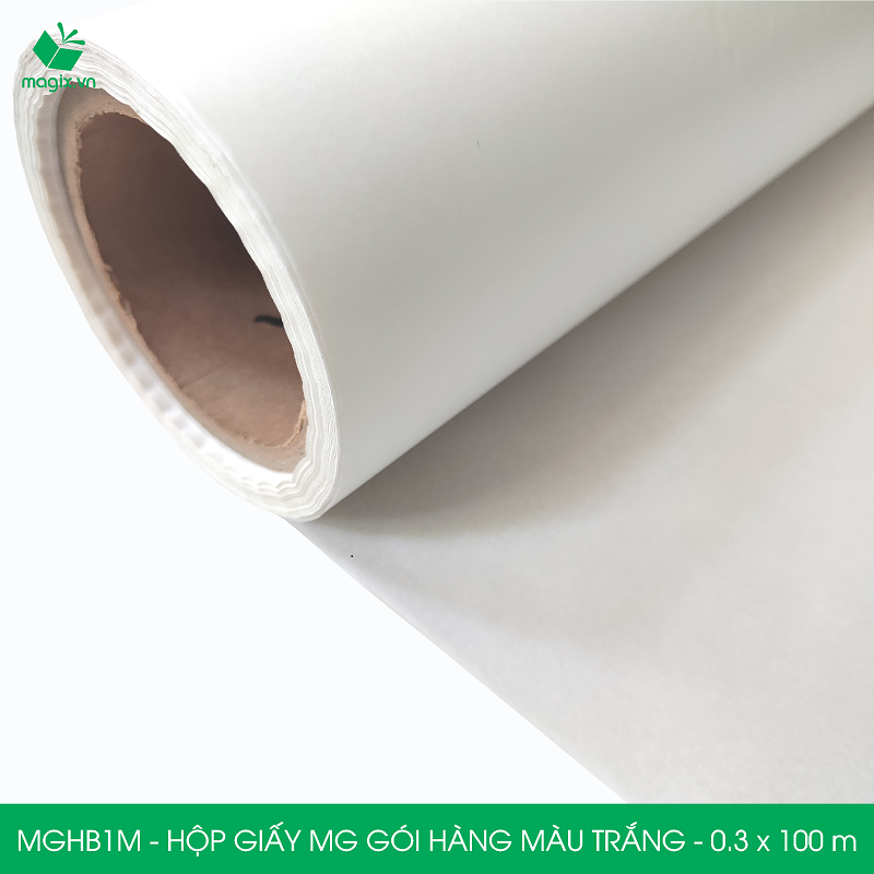 MGHB1M - 0.3x100 m - Hộp cuộn giấy MG, cuộn giấy Pelure trắng gói hàng, cuộn giấy chống ẩm 1 mặt bóng, giấy bọc hàng thời trang