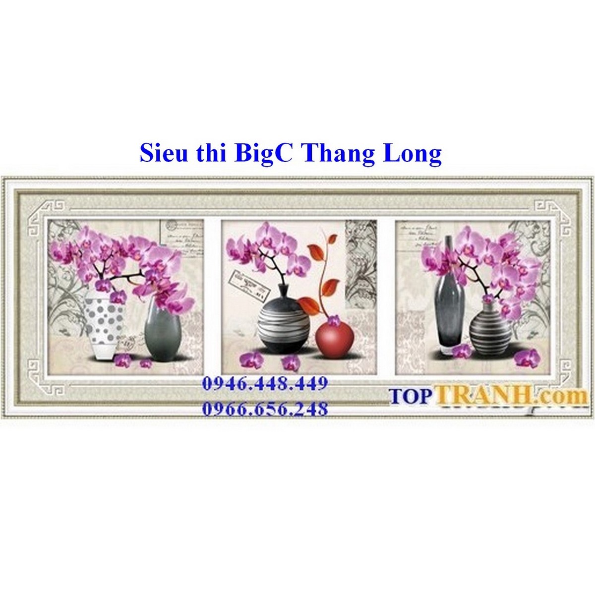 Tranh thêu chữ thập bình hoa lan 3 bức, treo cầu thang, phòng khách A1156 chưa thêu