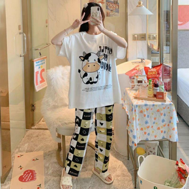 Đồ bộ nữ cộc tay mặc nhà thời trang mới nhất - Chất liệu Cotton cao cấp Đồ bộ thun quần dài, đồ mặc ở nhà Quảng Châu, họa tiết hoạt hình bò sữa dễ thương