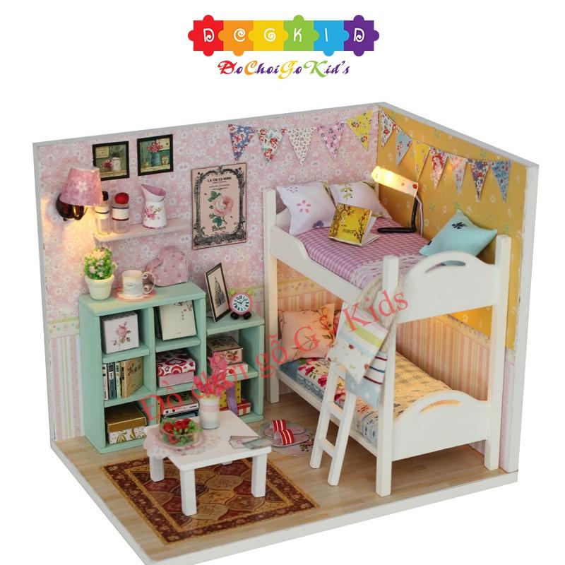 Mô hình đồ chơi 3D lắp gáp gỗ vật dụng trang trí nhà búp bê cho bé có đèn