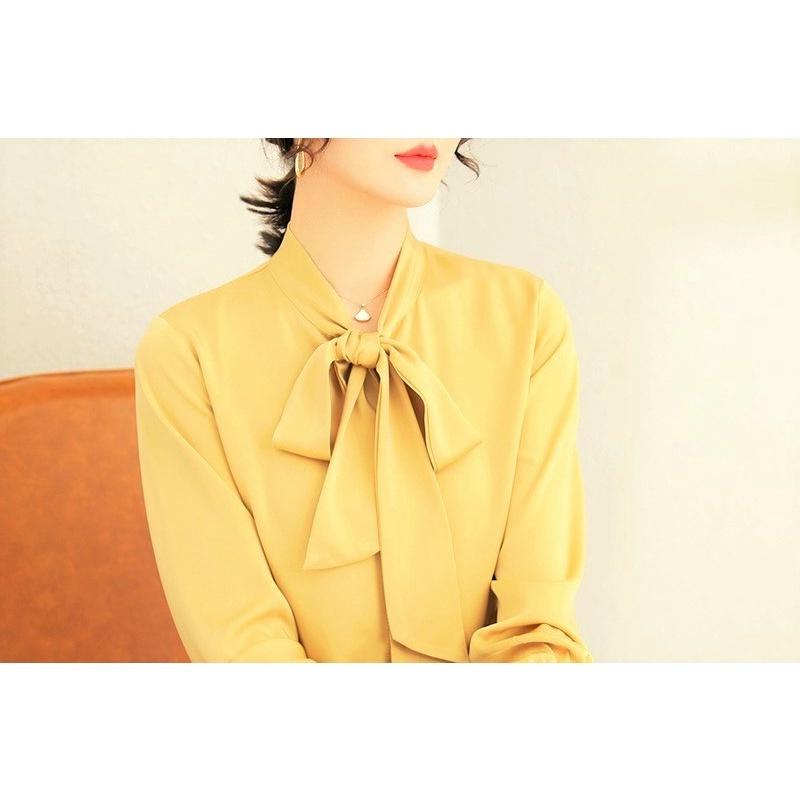 Áo Sơ Mi Kiểu Công Sở Đẹp CHIPY Tay Dài Cổ Thắt Nơ Vàng Chất Lụa Cao Cấp From Rộng Hàn Quốc Ulzzang Vintage A1V