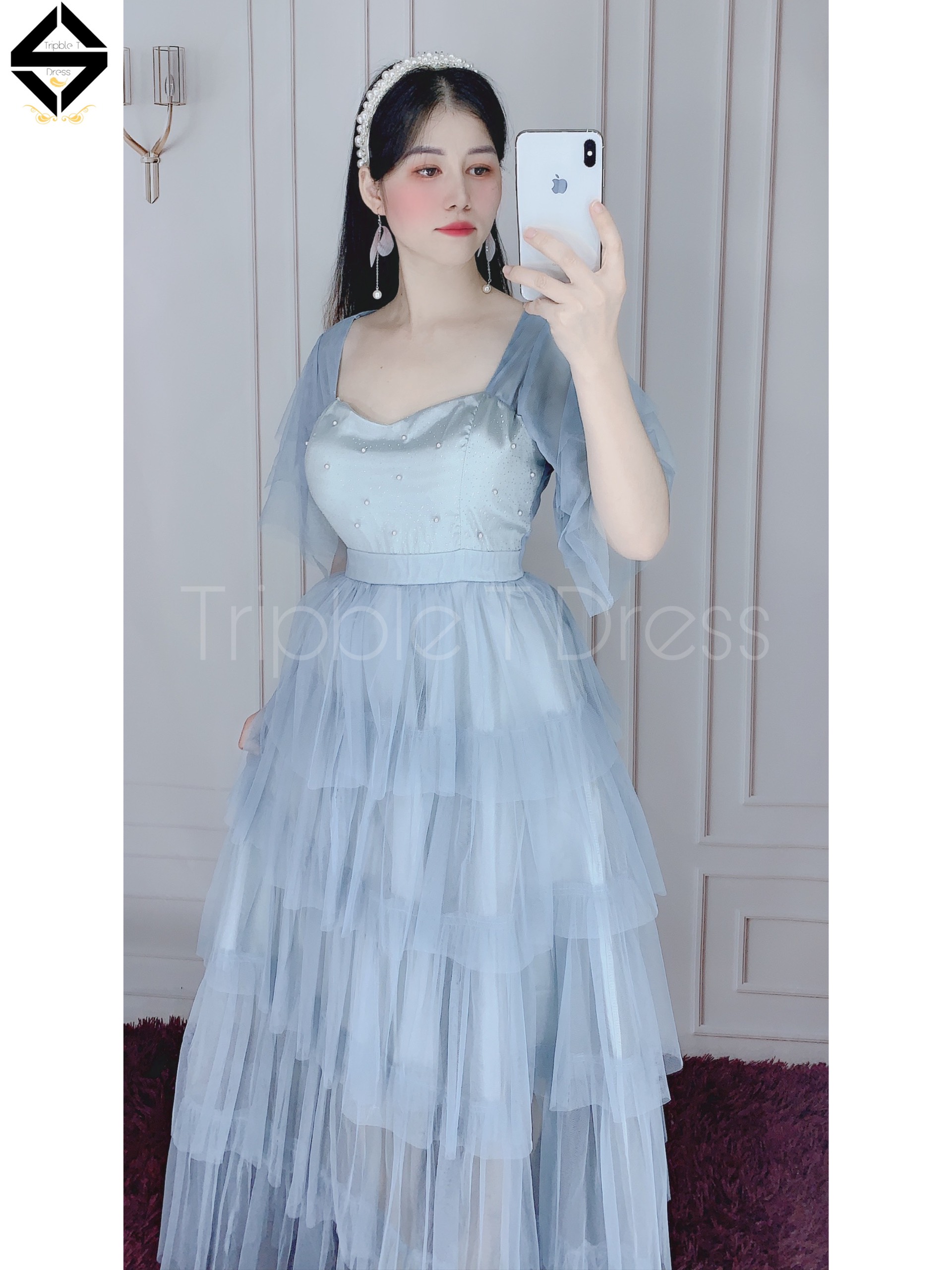 Đầm maxi dự tiệc lưới xếp tầng tay loa TRIPBLE T DRESS -size M/L - MS302V