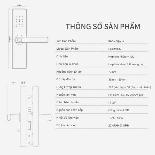 Khóa điện tử thông minh khóa vân tay cửa gỗ PASINI PS01VG50 - Thân khóa tự động, 5 cách mở cửa, mở khoá vân tay - Hàng Chính hãng