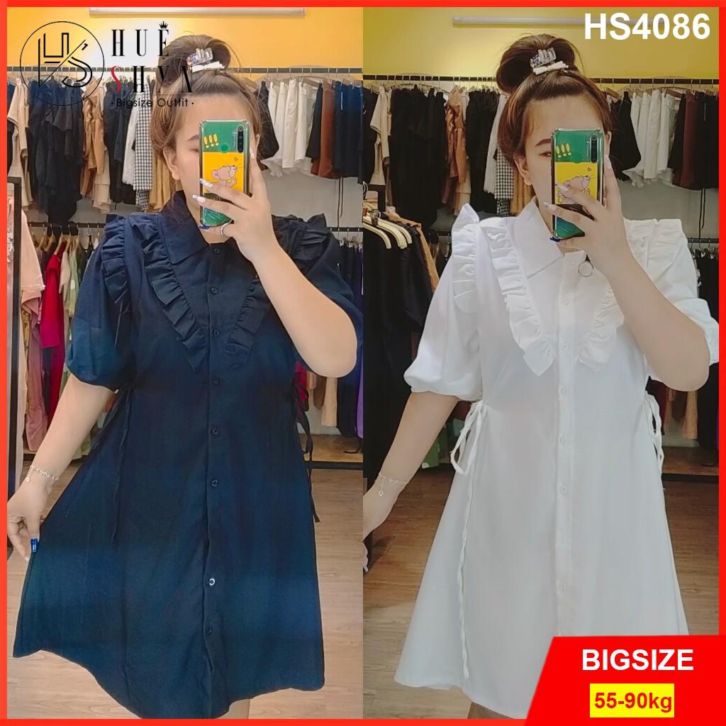 Đầm sơ mi bigsize nữ sinh phối bèo tay bo dáng suông HS4086 - Thiết kế váy đầm cho người mập béo 55-90kg - Size L XL XXL