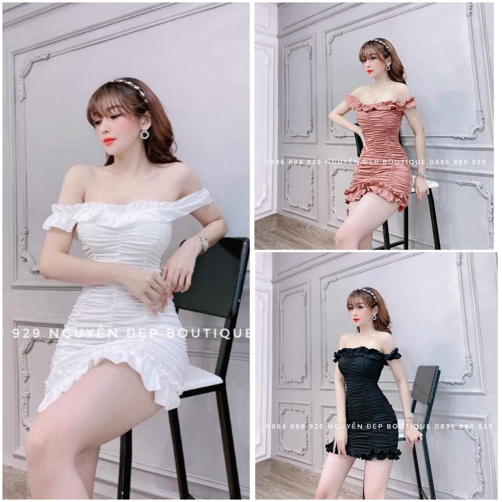 Đầm body trễ vai nhún thân kèm mút