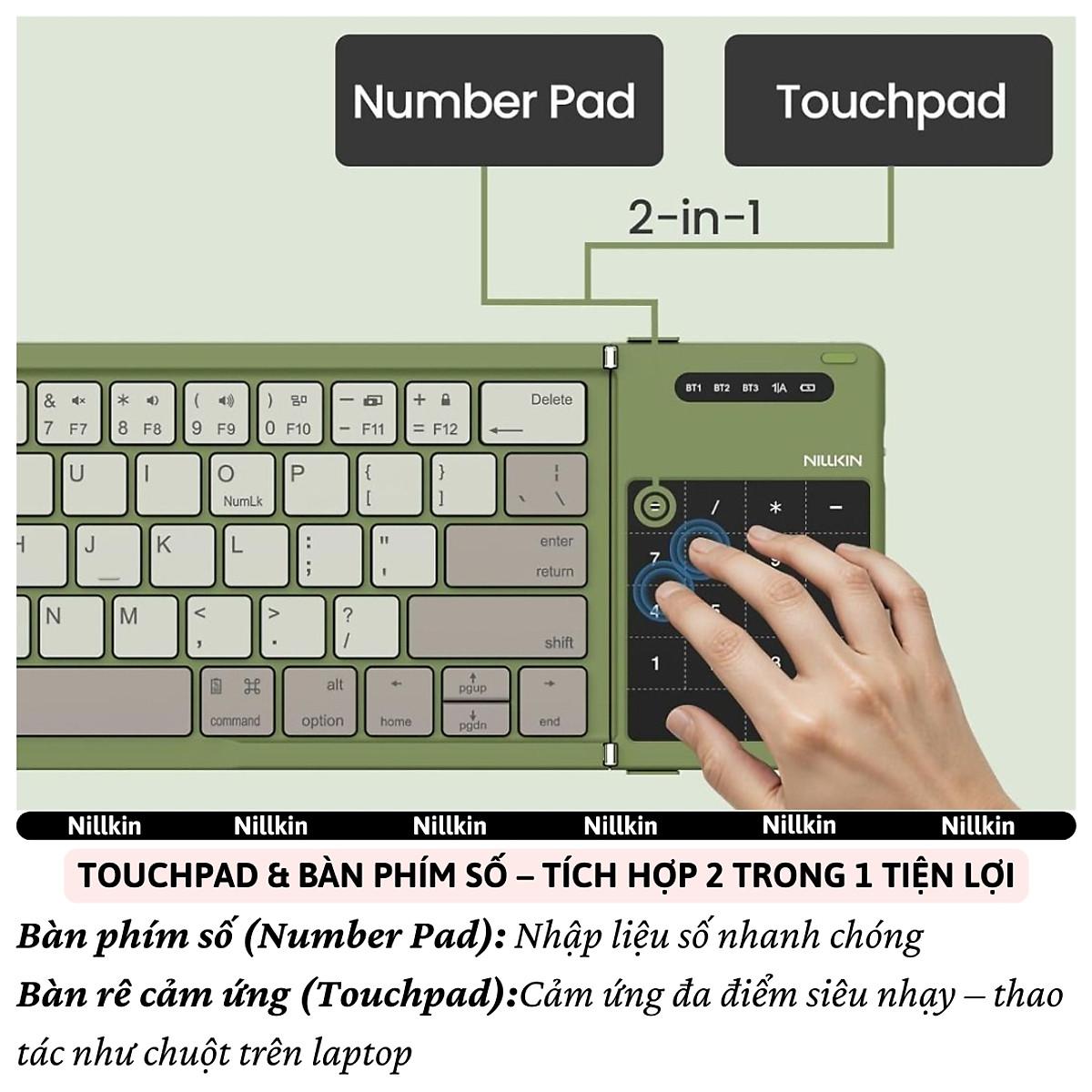 Bàn phím gấp gọn di động không dây bluetooth V5.2 tích hợp trackpad &amp; phím số hiệu Nillkin Cube Pocket - Nhỏ gọn, mỏng nhẹ, phím tắt thông minh, hỗ trợ Androids &amp; iOS, gõ thoải mái cho iPad cho iPhone, máy tính bảng, cho macbook, laptop - hàng nhập khẩu