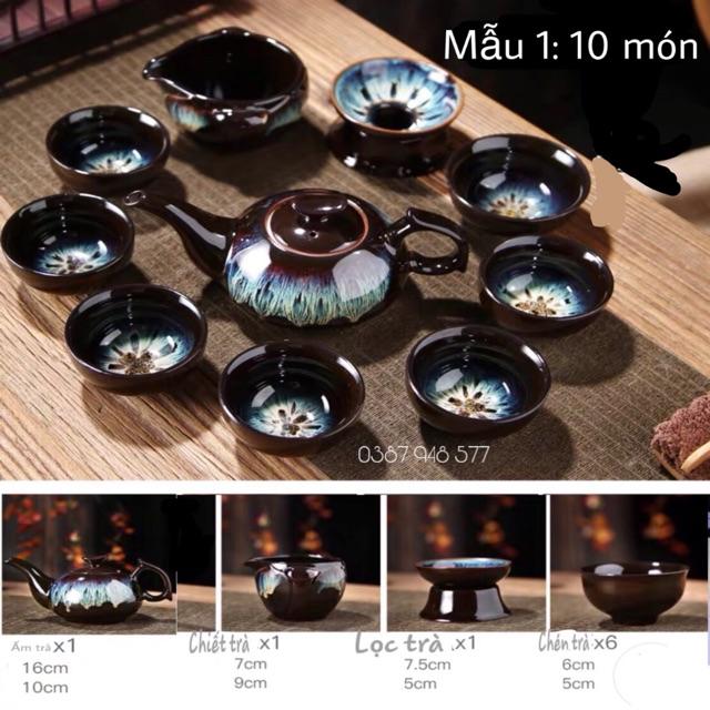 Bộ ấm chén pha trà đẹp gốm sứ cao cấp, hoả biến 10-16 chi tết màu nâu đen