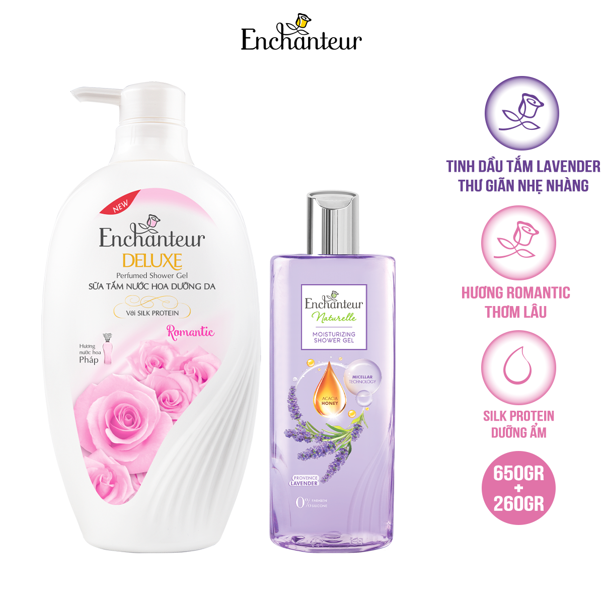 Combo Sữa tắm Enchanteur Naturelle hương hoa Lavender 260g + Sữa Tắm Nước Hoa Dưỡng Da Romantic 650G