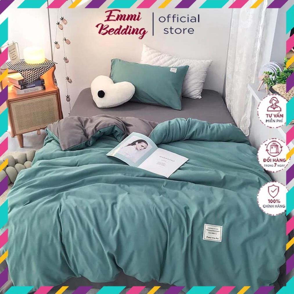 Bộ Chăn Ga Gối Cotton TC xanh ngọc phối ghi