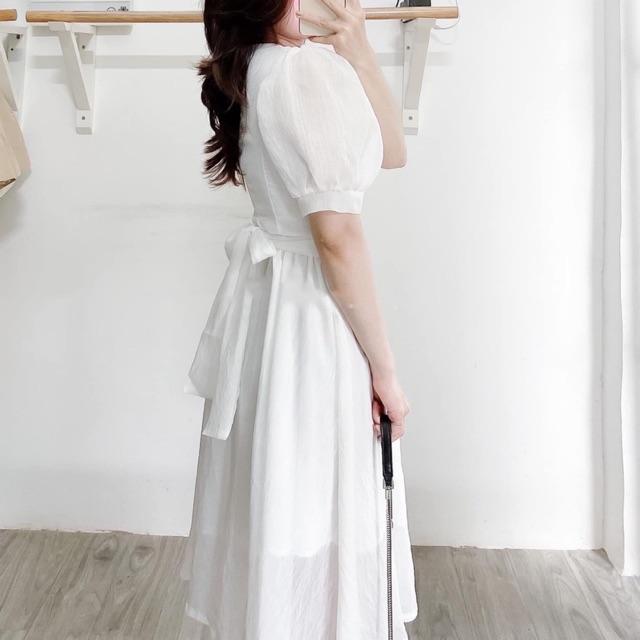 Đầm váy trắng chéo eo (kèm hình thật)