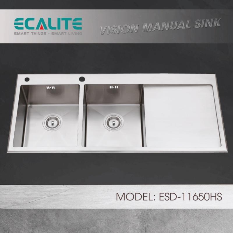 Chậu Rửa Chén Ecalite ESD-11650HS - Lắp Nổi - Chất Liệu Inox 304 Siêu Bền - 2 Ngăn Có Bàn Chờ - Hàng Chính Hãng