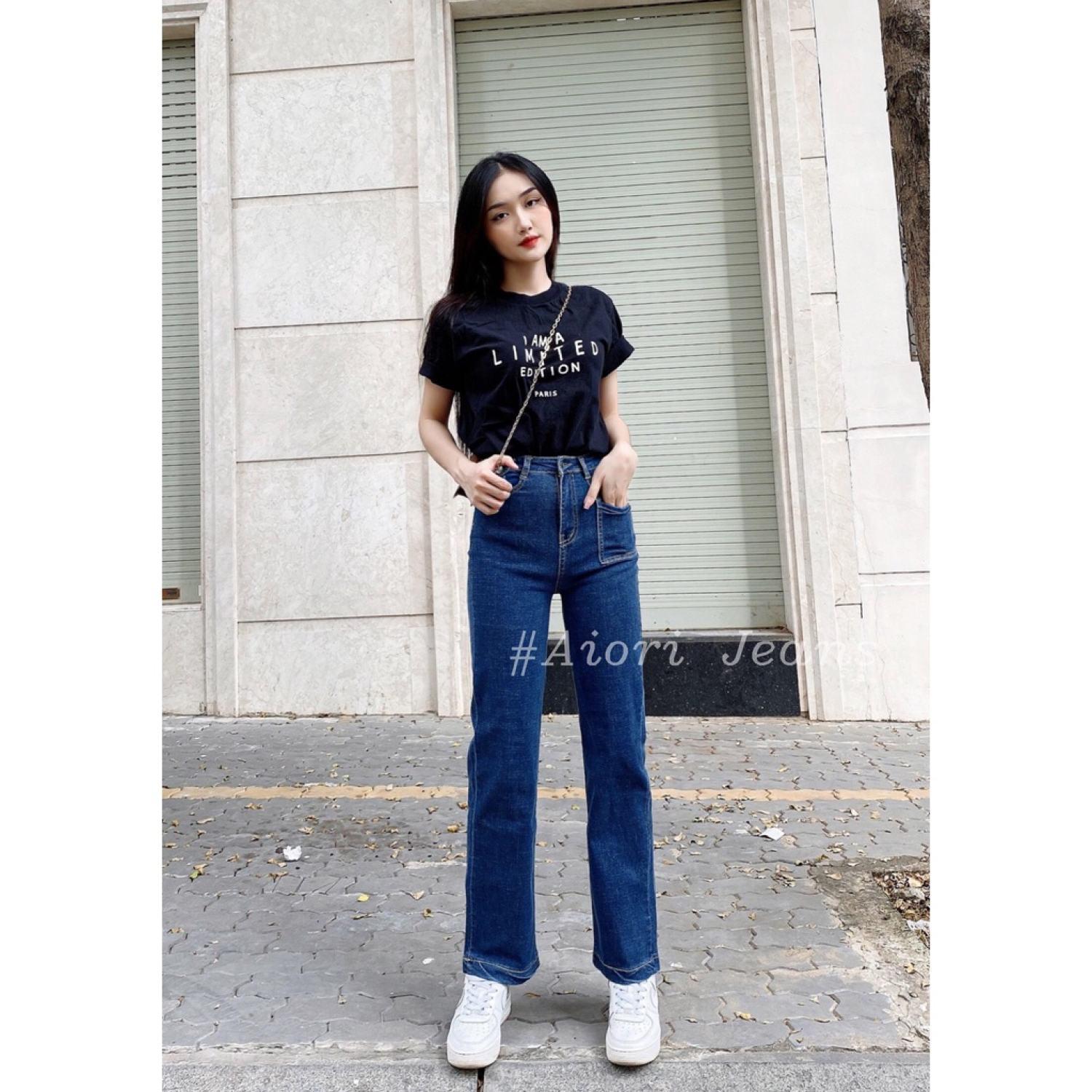 Quần Jeans Nữ AIORI Ống Suông Đứng Nắp Túi Dáng dài chất bò jean cao cấp co giãn mềm mịn thời trang 4 mùa Mã E002 - Xanh Đậm, Xanh Đậm