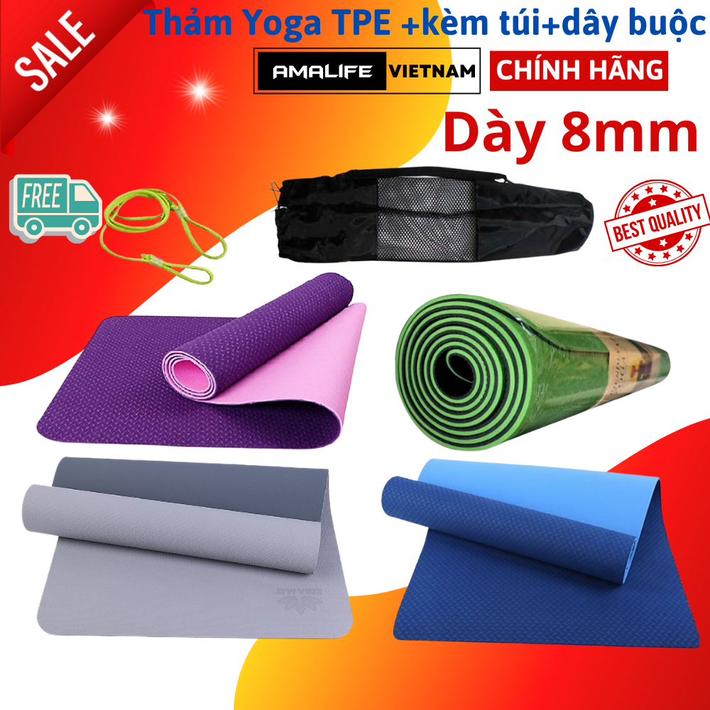 Thảm Tập Yoga, Gym Amalife 2 Lớp + Túi Đựng Thảm Tập Yoga + Dây Buộc Thảm Tập Yoga