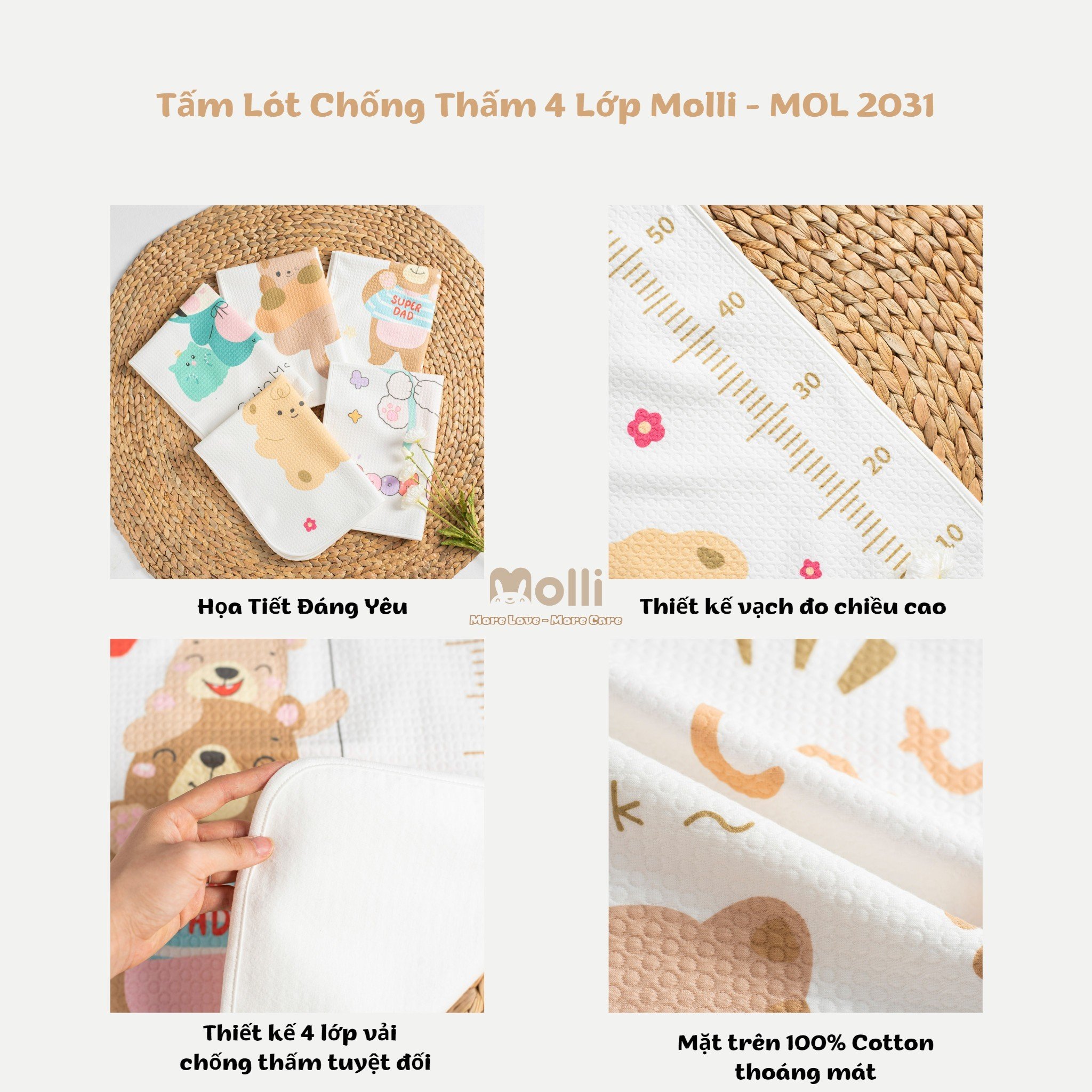 Tấm Lót Chống Thấm 4D Molli Cho Bé Sơ Sinh - Tấm Lót Chống Thấm Phong Cách Hàn Cho Bé