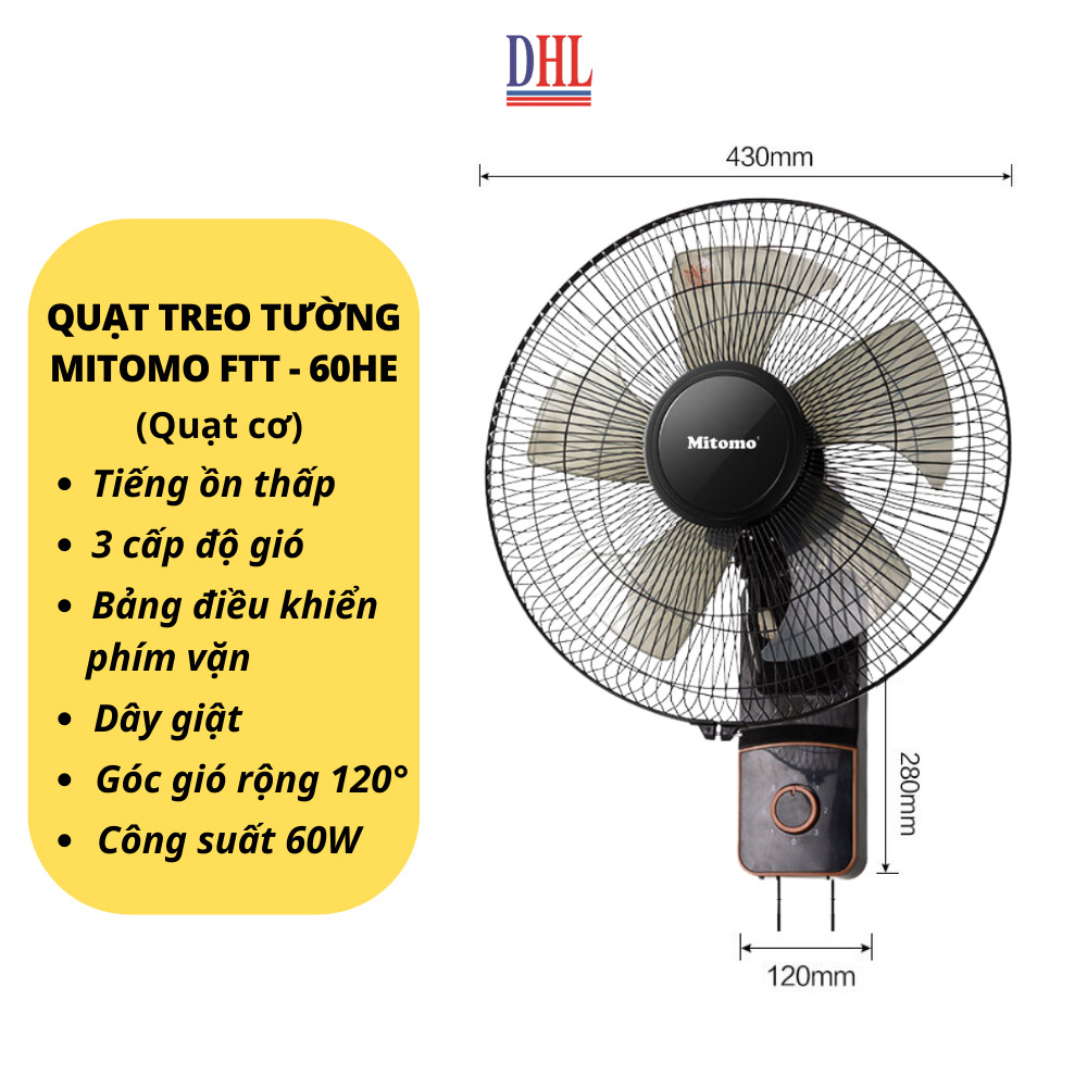 Quạt treo tường điều khiễn từ xa remote Mitomo FTT-60AE hàng chính hãng