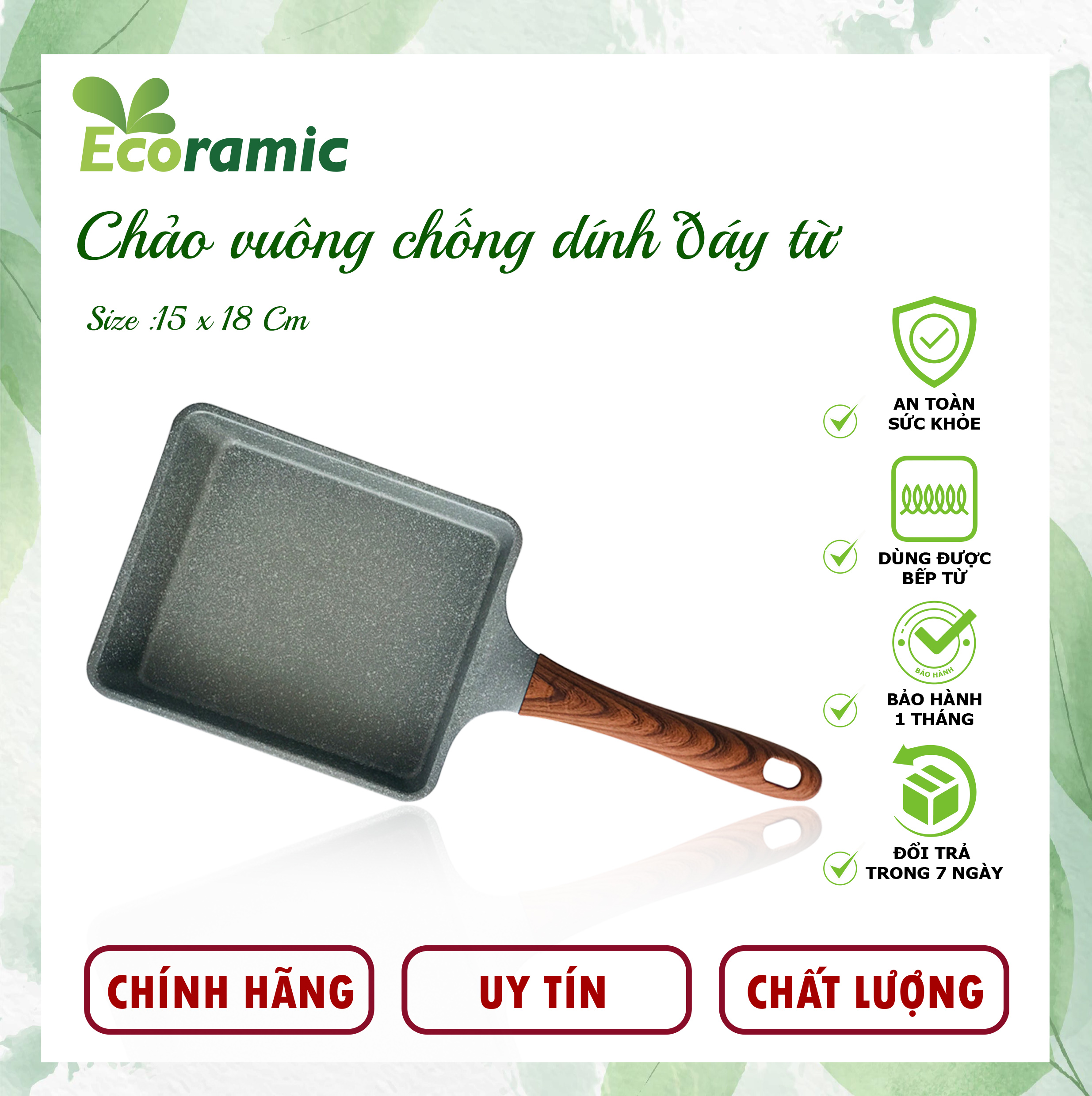 Chảo Vuông Vân Đá Đáy Từ Ecoramic Chính Hãng Cao Cấp, Chống Dính, Siêu Bền