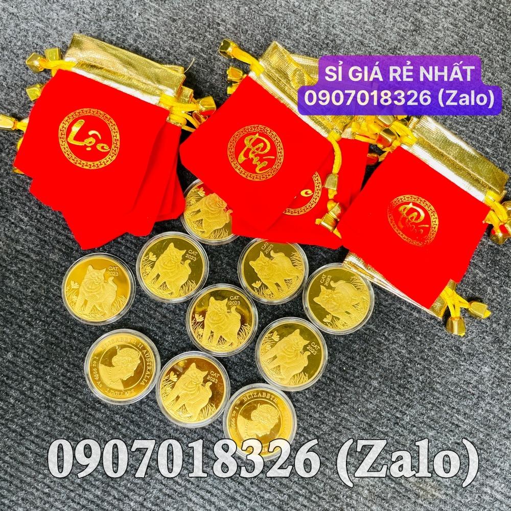 Combo 10 Đồng Tiền Vàng Hình Mèo của Úc - túi LỘC gấm đỏ tặng kèm mỗi xu sang chảnh NELI