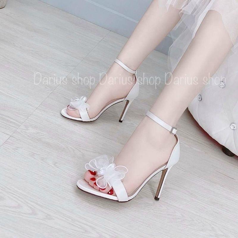 Giày sandal gót nhọn đính nơ voan 9p GIN