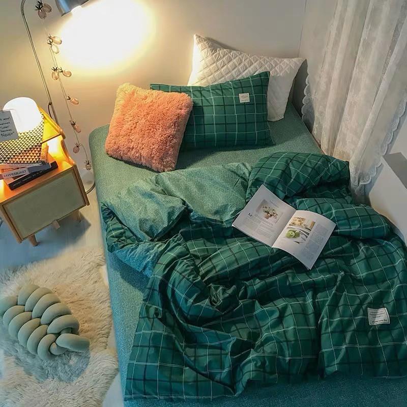 Bộ chăn ga gối phong cách Hàn Quốc caro xanh cổ vịt bo chun đủ kích thước