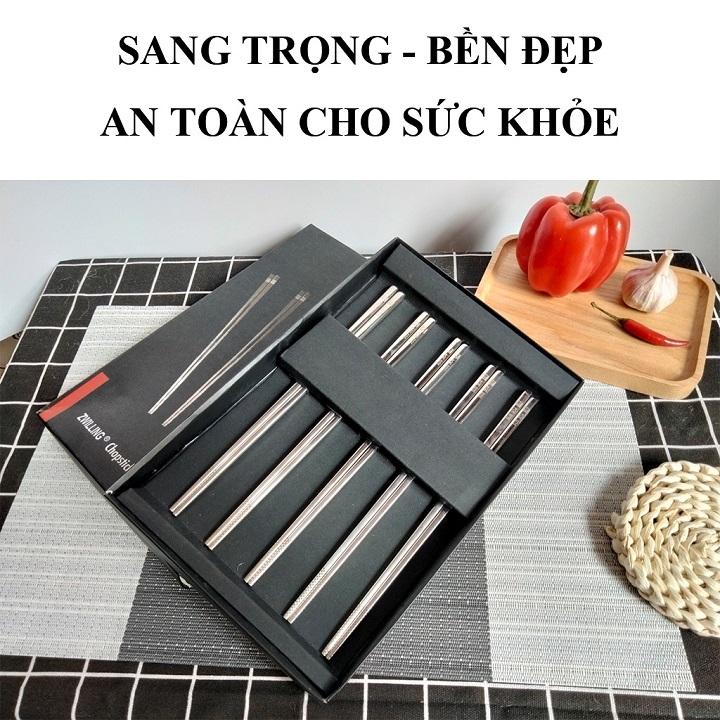 Set 5 đôi Đũa inox 304 dạng ống vuông chống trơn trượt xuất Đức hàng cao cấp