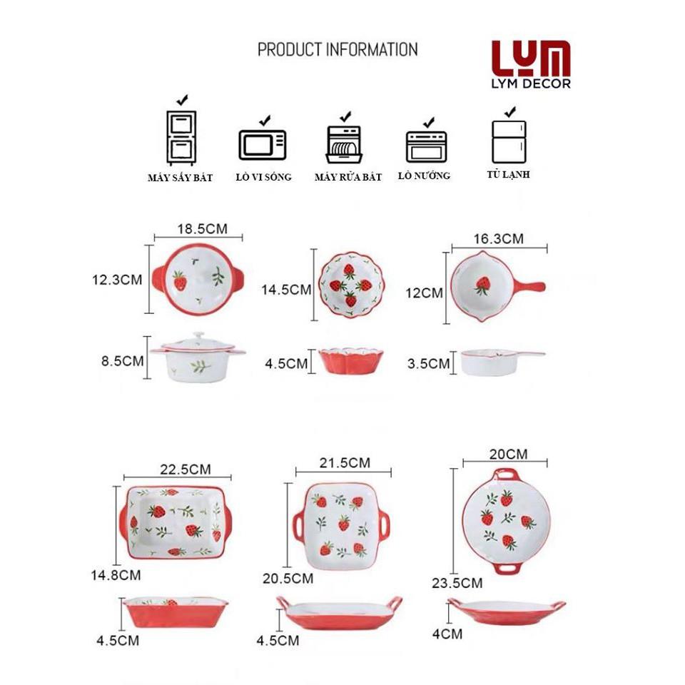 Thố nướng có nắp vẽ tay, nồi sứ dâu tây phong cách Bắc Âu- Sứ cao cấp xuất khẩu
