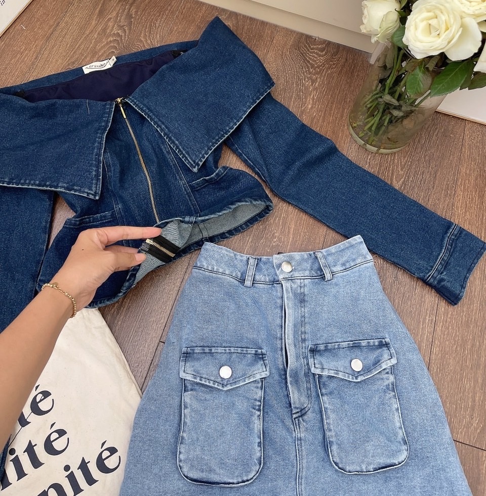 ĐẦM SET ÁO CROPTOP TRỄ VAI TAY DÀI + CHÂN VÁY NGẮN LƯNG CAO TÚI HỘP CHỮ A JEANS ĐI CHƠI NOEL ĐI TIỆC DẠO PHỐ GIÁNG SINH