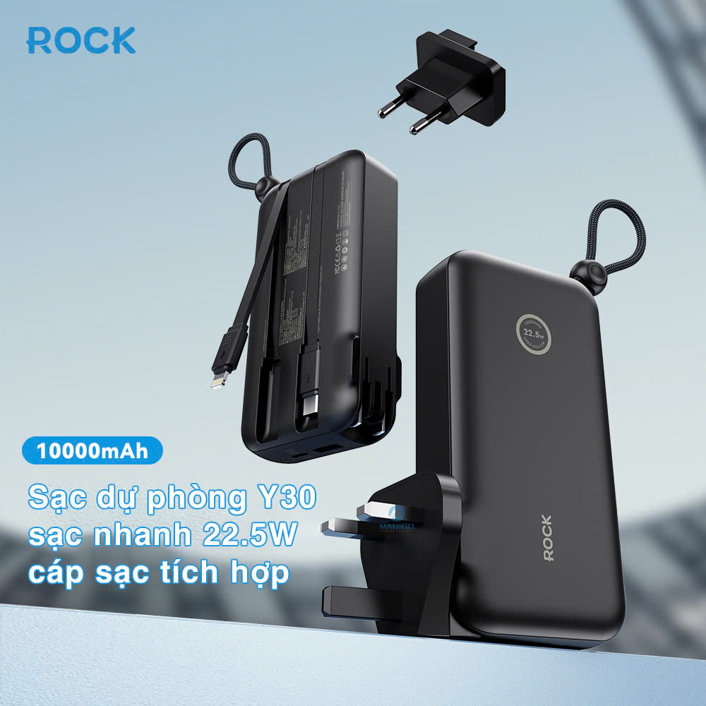 Pin sạc dự phòng ROCKSPACE Y30 10000mah sạc nhanh 22,5W tích hợp củ sạc, hàng chính hãng bảo hành 12 tháng