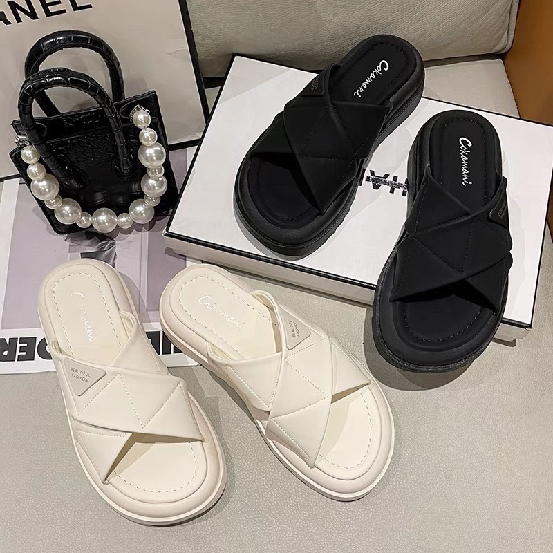 Dép sandal nữ 2 quai chéo chất da mềm, dép quai hậu đế răng cưa hottrend
