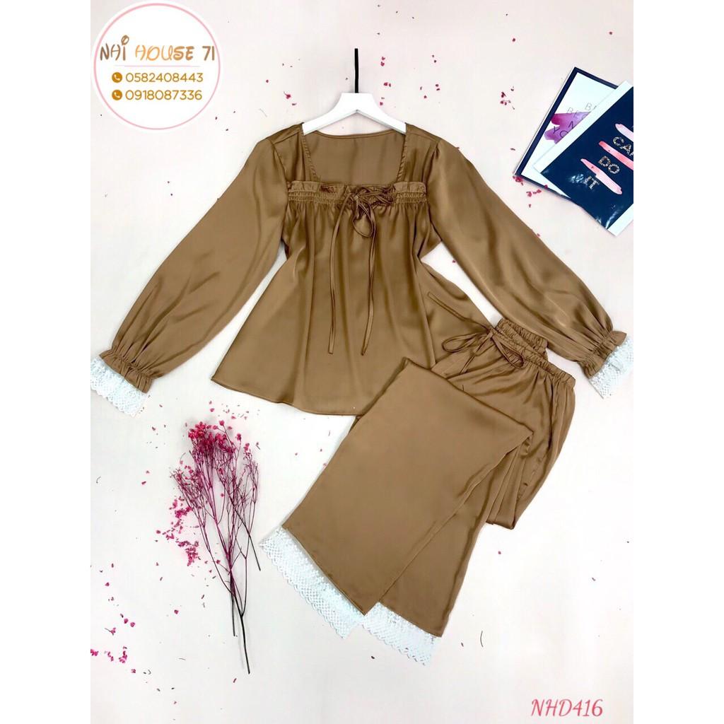 SET BỘ NGỦ PIJAMA TAY DÀI PHỐI REN CỔ U DỄ THƯƠNG LỤA LATIN TÔ CHÂU MỀM MỊN MÁT NHIHOUSE71 FREESIZE DƯỚI 6
