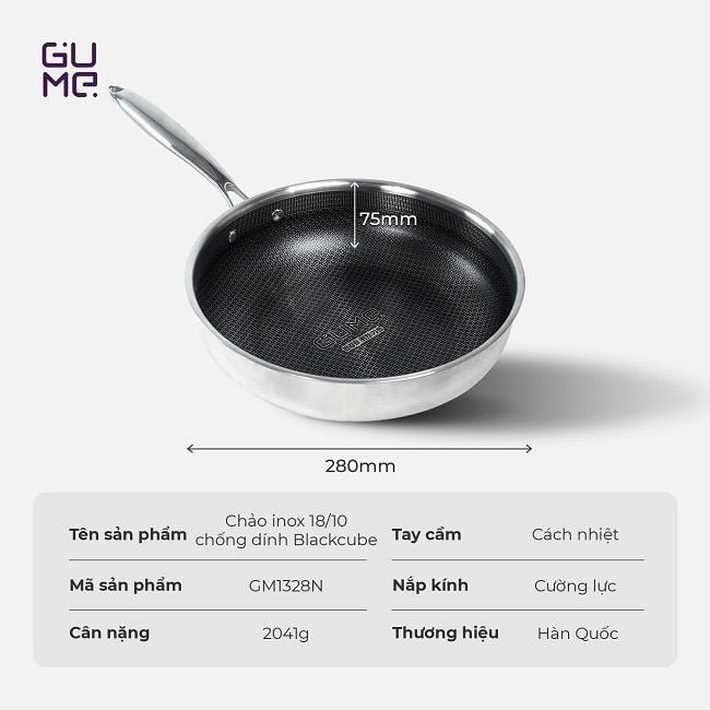 Chảo inox 18/10 đúc liền khối chống dính Blackcube Gu Me Hàn Quốc size 24/28cm đáy từ kèm vung kính, hành chính hãng