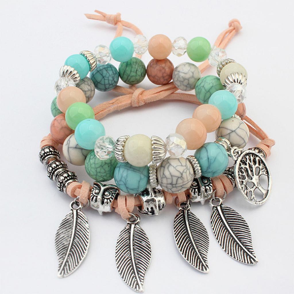 Glass Bracelet Multilayer Leaf Bangle Beads Vintage Design Chain Pink