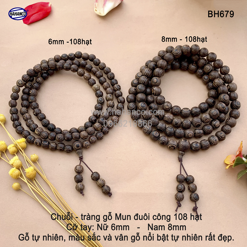 Chuỗi Tràng 108 hạt gỗ Mun Đuôi Công vân gỗ siêu đẹp - An Yên - Thịnh Vượng (BH679) chất gỗ họa tiết mộc mạc, đem lại phong cách độc lạ