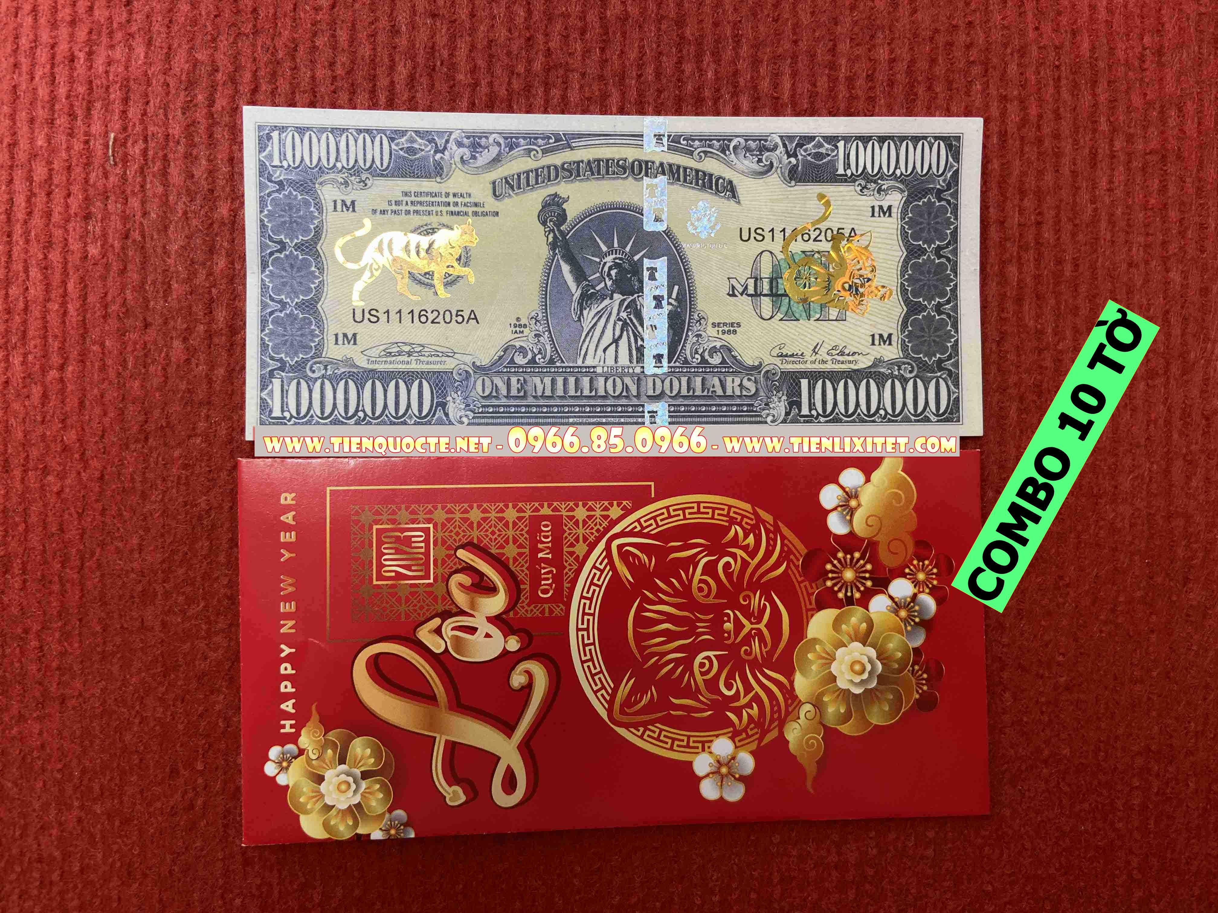 Lot 10 tấm Lì xì tiền 2023 tấm tiền 1 triệu do in hình con mèo gây sốt Tết 2023 đi cùng phong bao đỏ CQTLNLGD01729