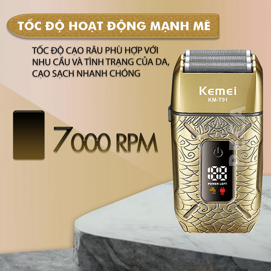 Máy cạo râu Kemei KM-T91 lưỡi nổi 3D cạo sạch nhanh, màn hình LCD, công suất mạnh mẽ 5W - Hàng chính hãng