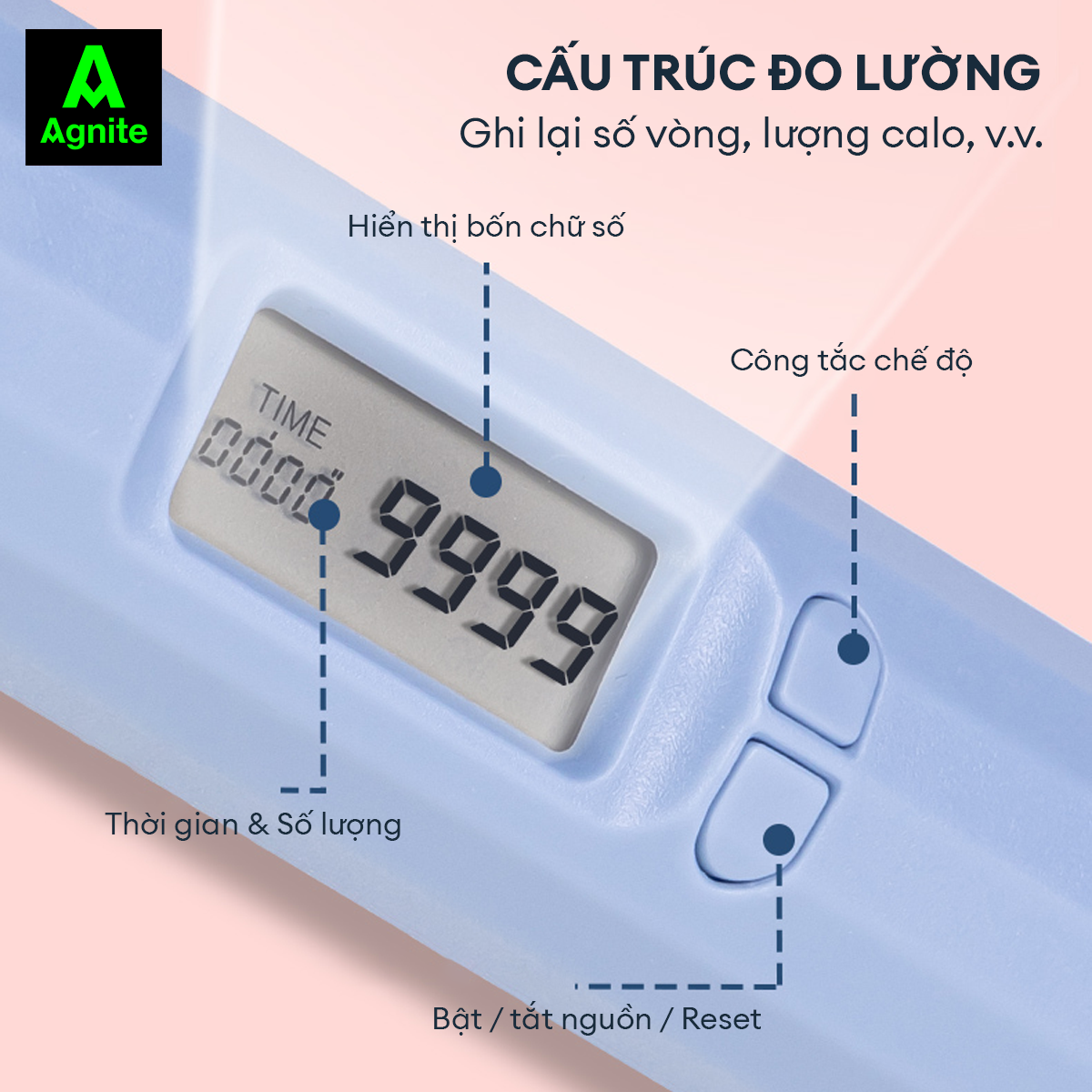 Dây nhảy đếm số điện tử 3trong1 chính hãng Agnite, đếm vòng, đo calo, thời gian, siêu bền nhẹ, thiết kế thời thượng - FT127