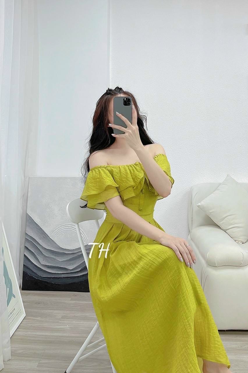 ĐẦM BẸT VAI XẾP BÈO NÚT BỌC 3 MÀU Y HÌNH