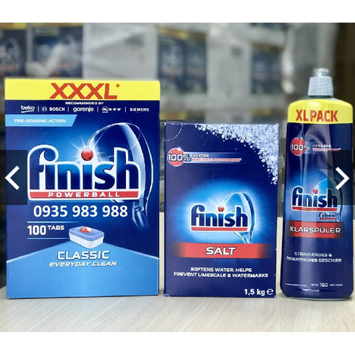 Viên rửa bát Finish Classic 100 viên + Muối 1,5 kg + Bóng 1150 ml ( Đức )