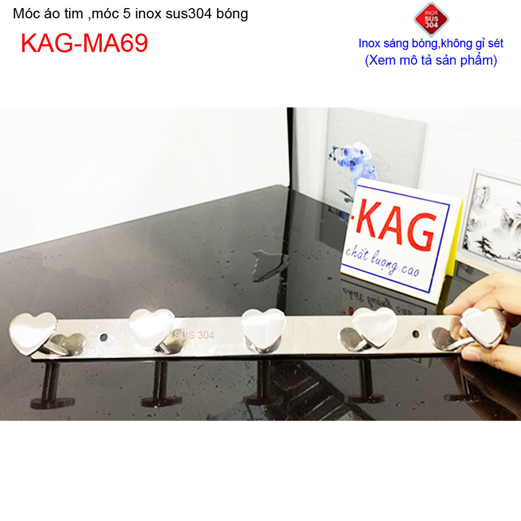 Móc treo quần áo inox 304 cao cấp dày, móc tim Kace 5 móc treo đồ nhà tắm KAG-MA69