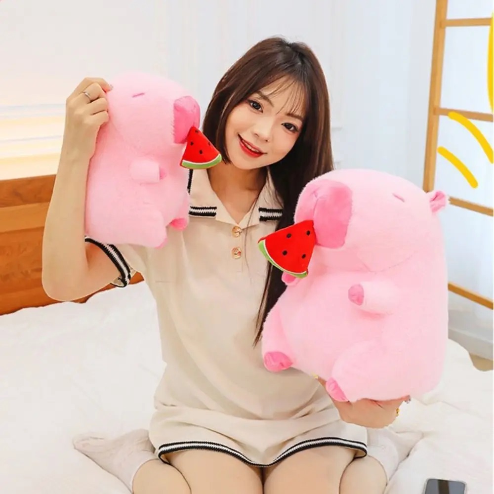 Thú nhồi bông capybara hồng dưa hấu đáng yêu - Size từ 30cm đến 50cm - Gấu bông chuột lang ăn dưa hấu có thể kéo được - Móc khoá gấu bông Capybara
