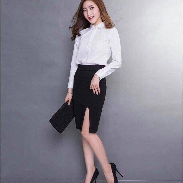 Chân váy công sở sẻ tà trước đến gối 55cm
