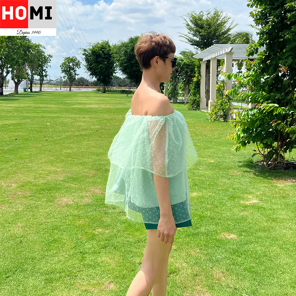 Áo bẹt vai voan chấm bi xanh Homi Fashion