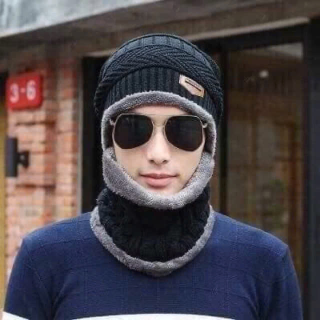 NÓN MŨ LEN NAM ĐEN KÈM KHĂN CHOÀNG CỔ BOY THỜI TRANG HÀN QUỐC