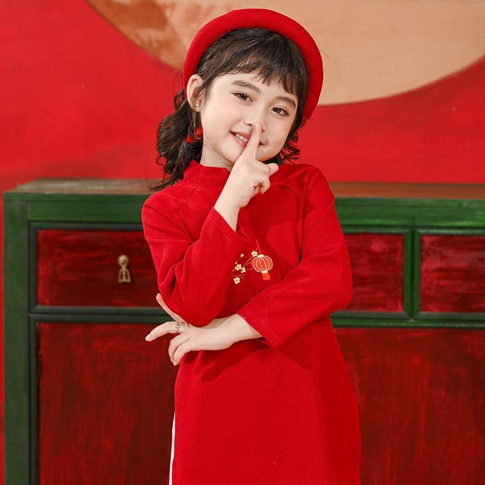Áo dài bé gái truyền thống đỏ thêu tay kèm quần và mấn vải nhung mềm mại MamLa