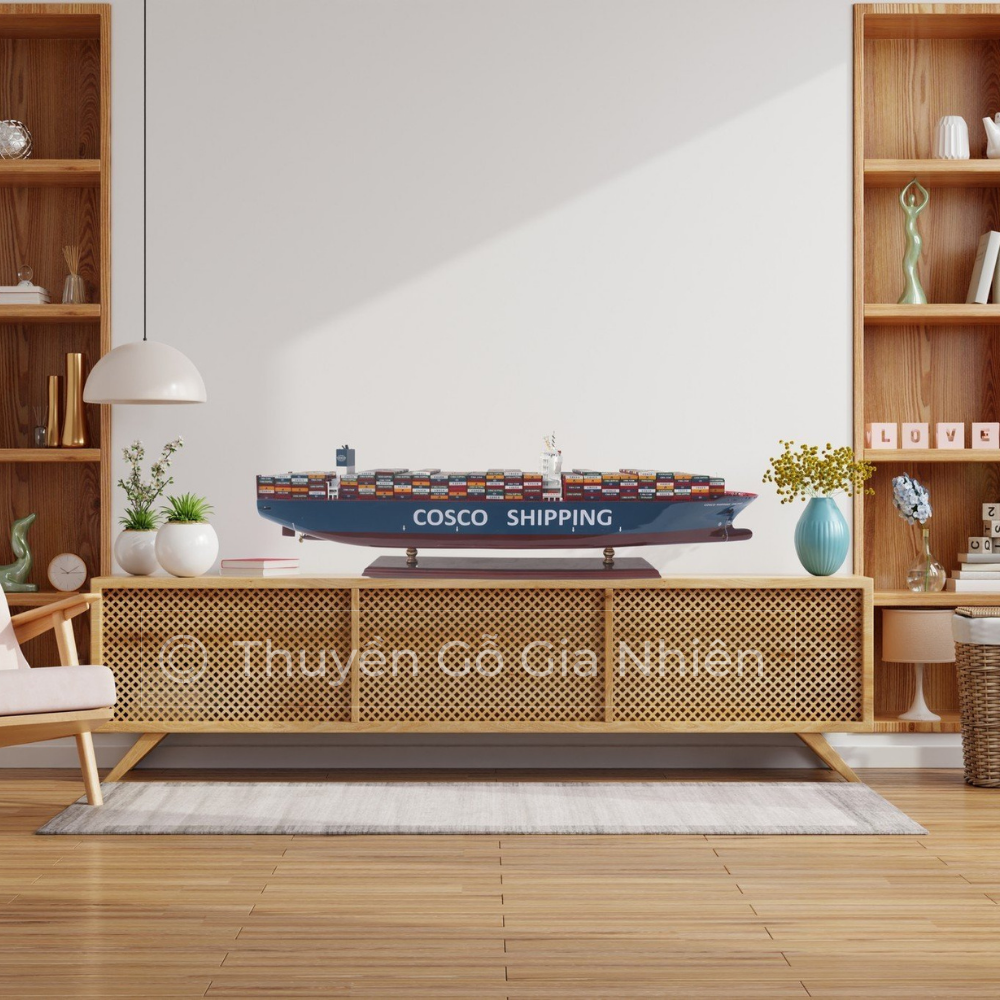 Mô Hình Thuyền Gỗ Phong Thủy Gia Nhiên, Thuyền Container Gỗ COSCO, Dài 100cm, Thuyền Trang Trí Xuất Khẩu Chất Lượng Cao
